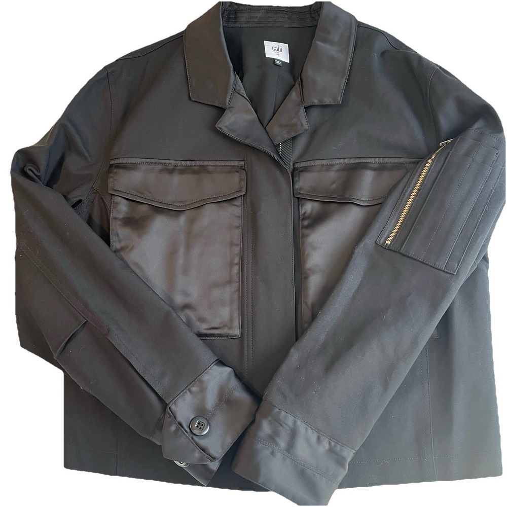 CAbi Moto Jacket Womens M Back In Black Satin Pocket Gold zip‎ Jacket Edgy
